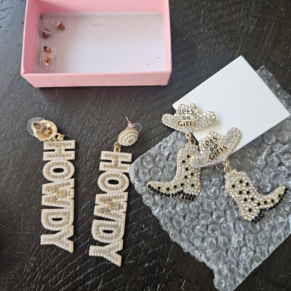 Gold Crystal 'Holiday' and Cowboy Boot Drop Earrings - Women's Fashion Earrings